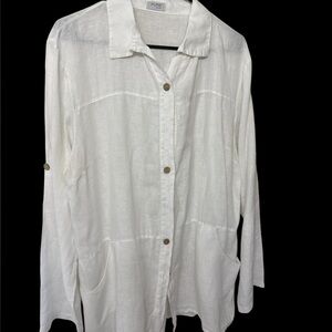 White Button-Up Linen Shirt with Pockets